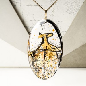 Biżuteria artystyczna - ręcznie malowany duży owalny pozłacany naszyjnik