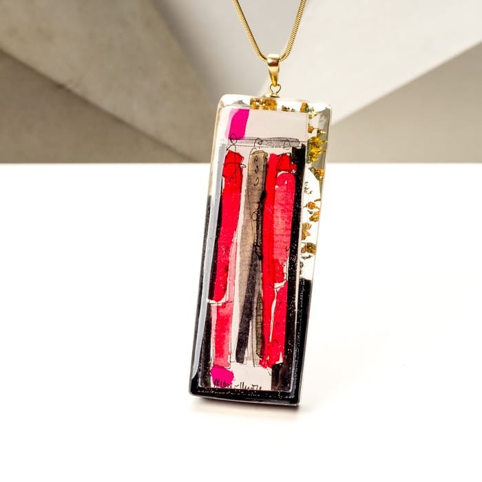 Srebrny pozłacany naszyjnik damski z dużą prostokątną zawieszką czerwono brązową  - biżuteria artystyczna ręcznie malowana 1
