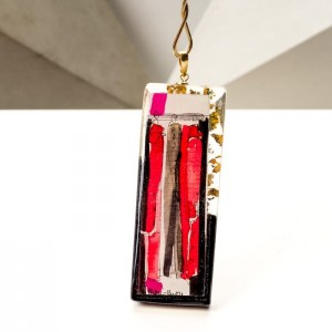 Srebrny pozłacany naszyjnik damski z dużą prostokątną zawieszką czerwono brązową  - biżuteria artystyczna ręcznie malowana 6