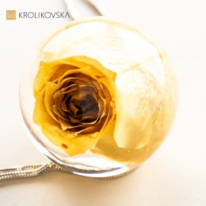 Naszyjnik z różą oprawioną w srebro.