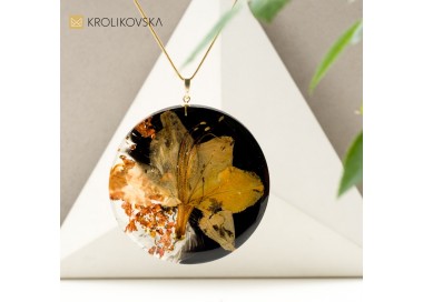 Złoty naszyjnik na prezent z prawdziwym kwiatem czarno złoty artystyczny 1