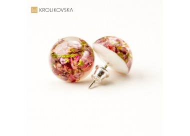 Kolczyki srebrne wkrętki z prawdziwym wrzosem.