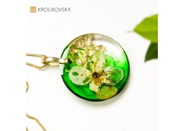 Naszyjnik suszone kwiaty, złoto zielony artystyczny.