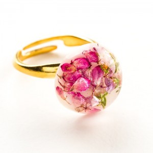 Pierścionek srebrny ślubny różowy z prawdziwymi drobniutkimi kwiatuszkami wrzosu  2