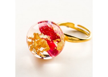 Pierścionek artystyczny pozłacany złoto-czerwony z czerwonymi płatkami róży 2