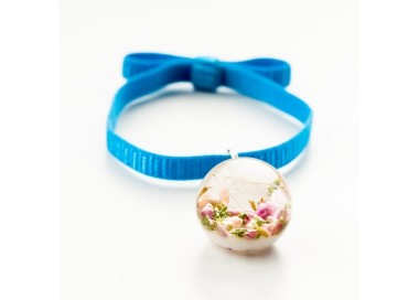 Niebieska bransoletka na gumce z kokardą z prawdziwym różowym wrzosem i dmuchawcem 1