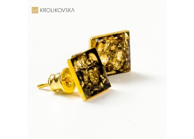 Biżuteria damska artystyczna, kwadratowe wkrętki złocone.