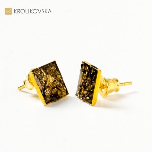 Biżuteria damska artystyczna, złocone kwadratowe kolczyki.
