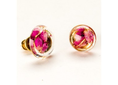 Kolczyki wkrętki srebrne małe pozłacane z różowymi wrzosami 1