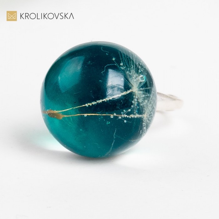 Pierścionek srebrny 925 z dmuchawcem zielone oczko.