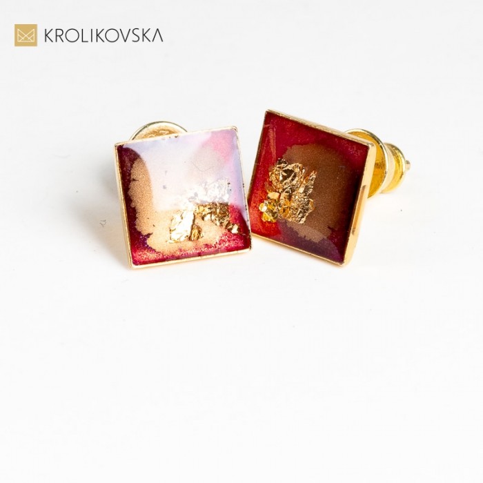 Kolczyki czerwone kwadraty, Awangarda nowoczesna biżuteria.
