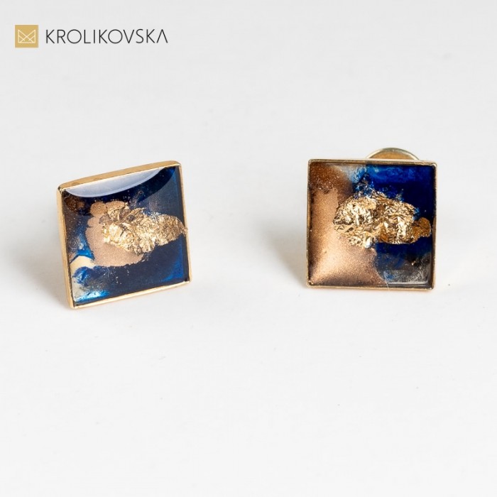 Kolczyki granatowe kwadraty, Awangarda nowoczesna biżuteria.