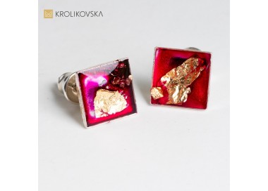 Kolczyki kwadraty, srebro czerwień i złoto.