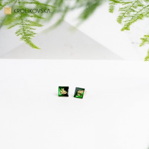 Kolczyki zielone kwadraty, Awangarda nowoczesna biżuteria.
