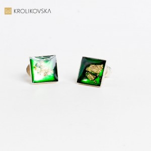 Kolczyki zielone kwadraty, Awangarda nowoczesna biżuteria.