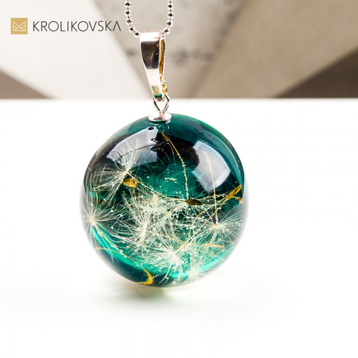 Naszyjnik kula z dmuchawcem artystyczna biżuteria handmade