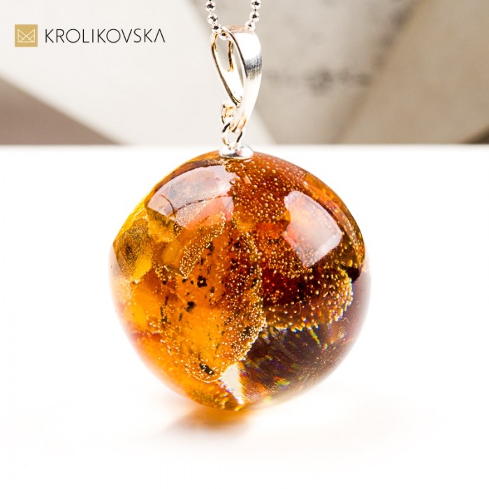 Naszyjnik kula z bursztynem, biżuteria handmade prezent z natury