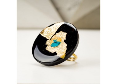 Pierścionek artystyczny pozłacany ręcznie malowany z dużym złoto czarnym oczkiem 4
